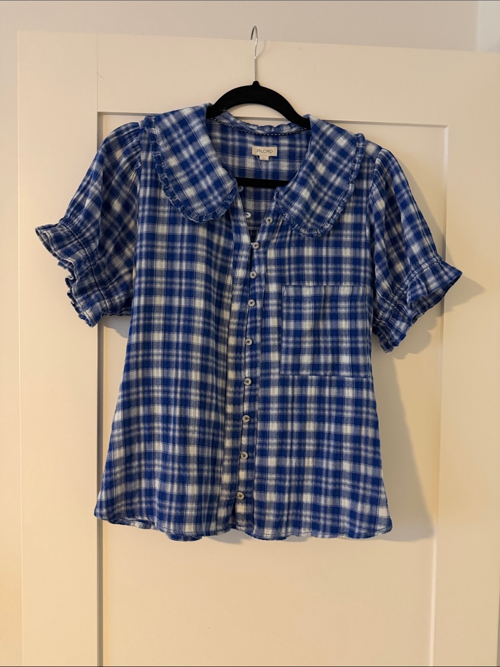 Pilcro Blue Plaid Button-Down Shirt with Peter Pan Collar. Kiera - Picture 2 of 6